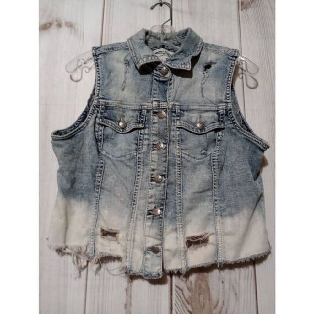 Silver Jeans Co Womens Distressed Ombre Denim Vest Light Wash Blue White Large